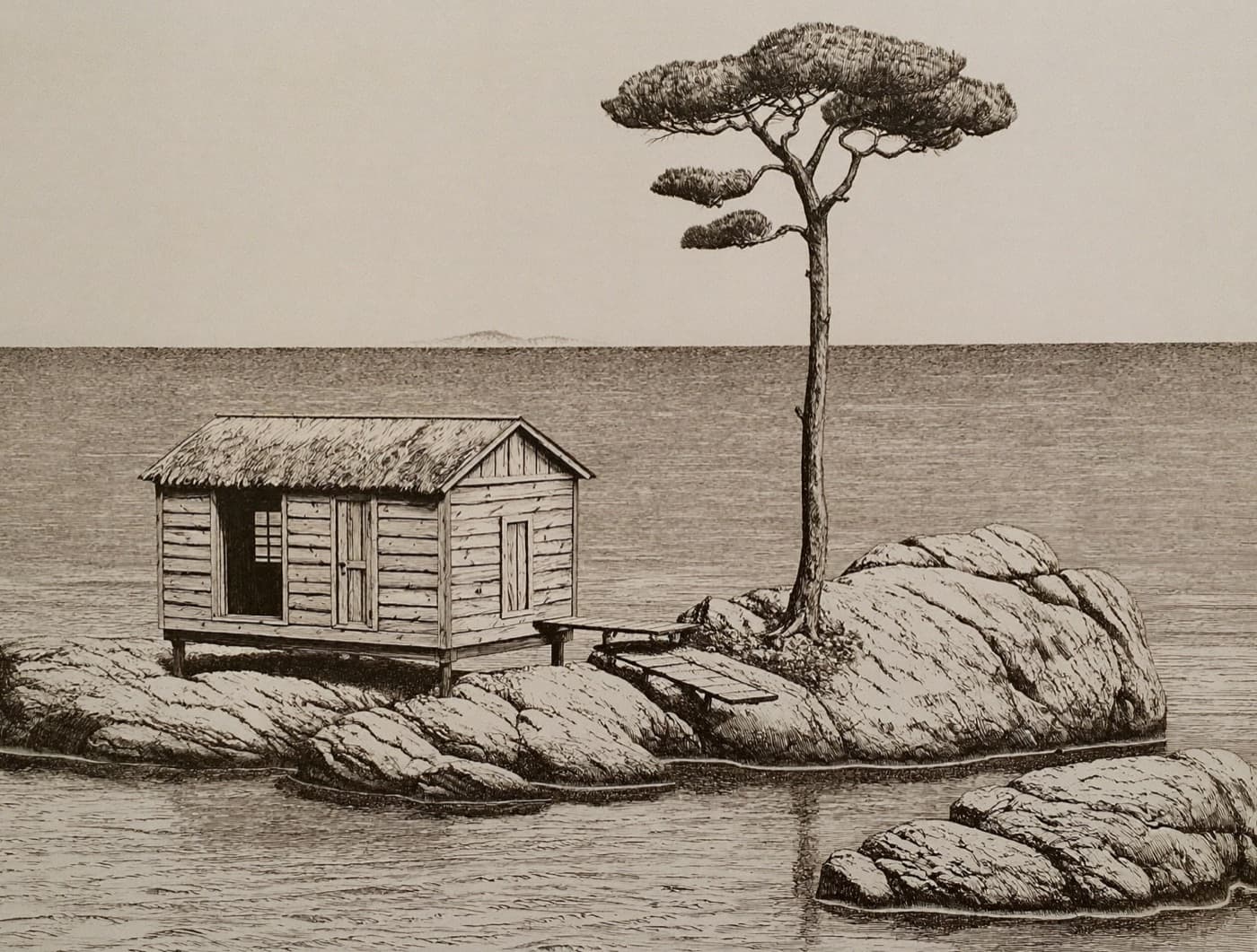 La finca — la caseta y el pino sobre la roca
